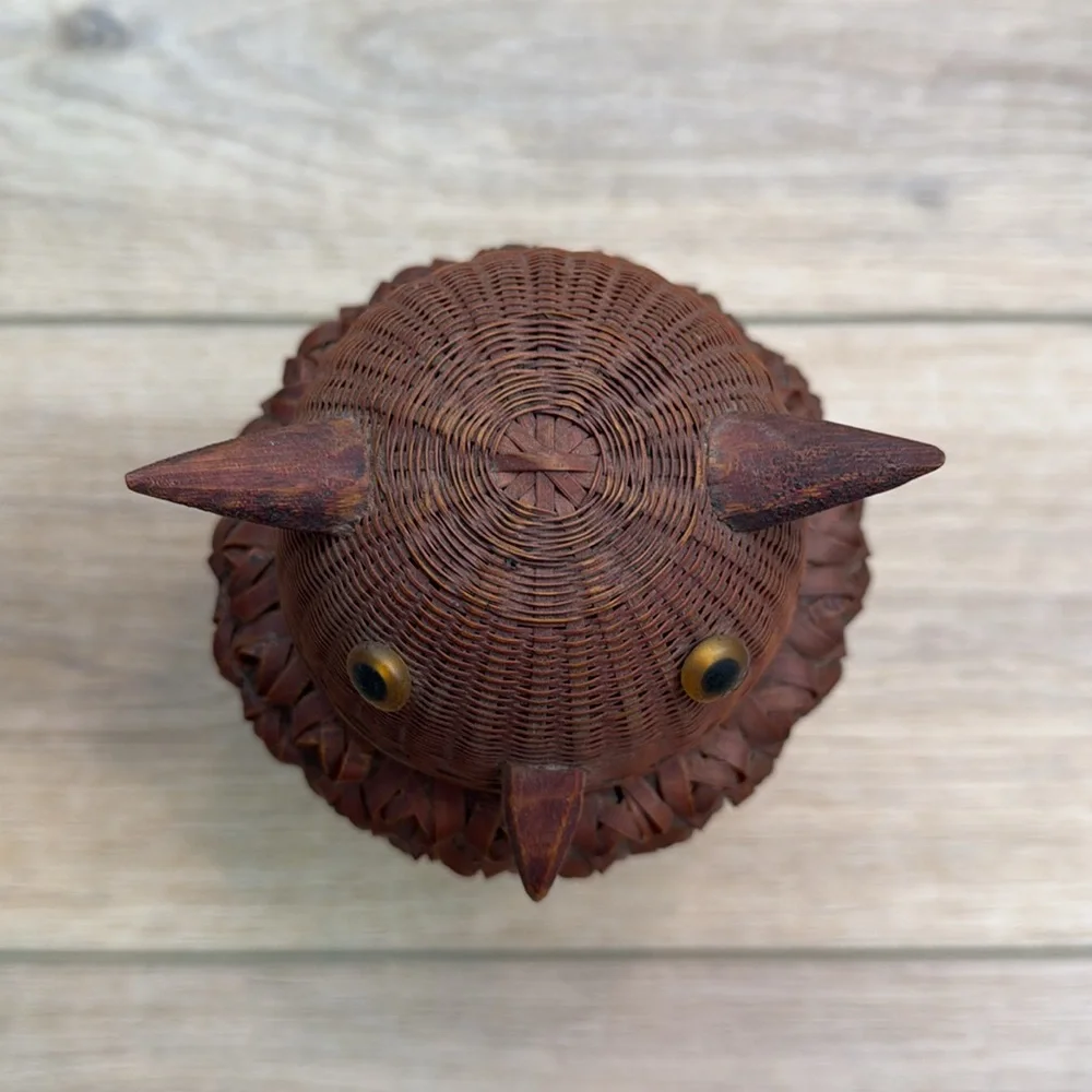 Vintage Owl Basket Jar‎ Figural Wicker Owl Boho Woodland Cottagecore Cabin